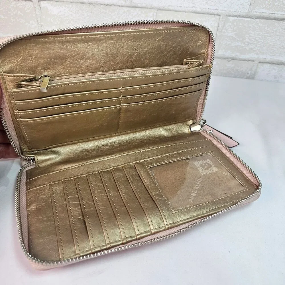 Anne Klein Blush Pink Zip Around Wristlet Wallet Clutch Organizer Faux Leather